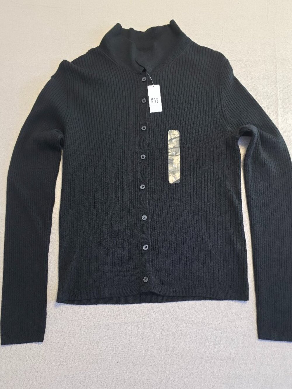 Gap Ribbed Knit Button-up Cardigan Mock Neck Long Sleeves Black Women's M NWT